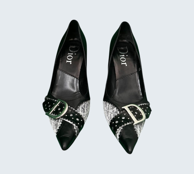 Christian Dior Black Leather D Buckle Monogram Pumps