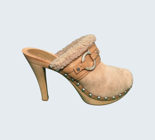 Christian Dior Suede Shearling Clog Mules