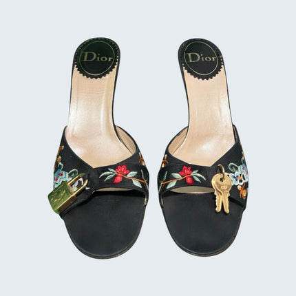Christian Dior by John Galliano Floral Embroidered Key Lock Mules