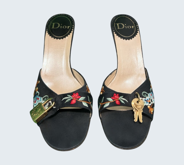 Christian Dior by John Galliano Floral Embroidered Key Lock Mules