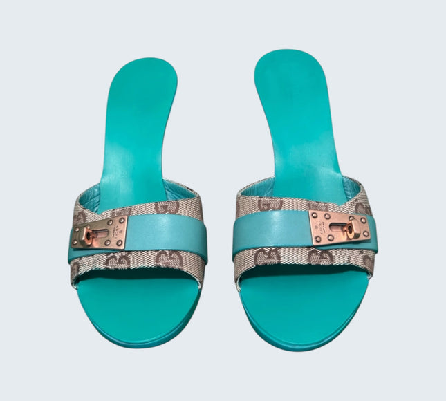 Gucci Turquoise Monogram Canvas Heels