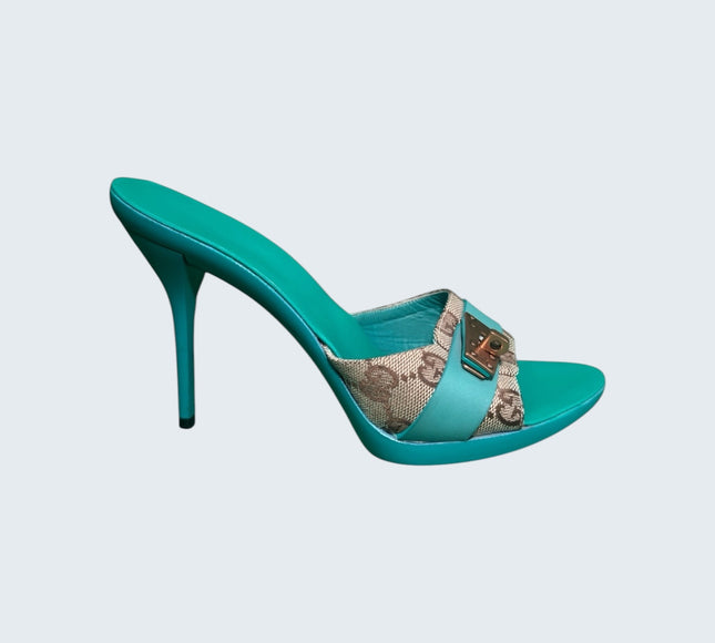 Gucci Turquoise Monogram Canvas Heels