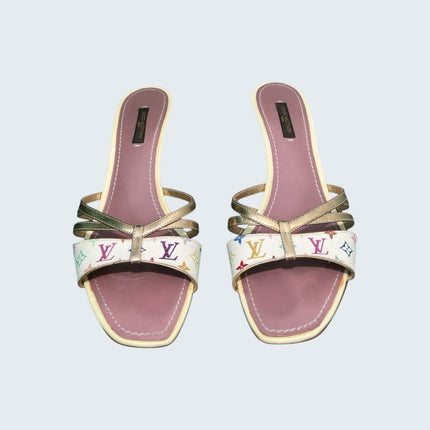 Louis Vuitton Takashi Murakami White Multicolor Gold Strap Heels
