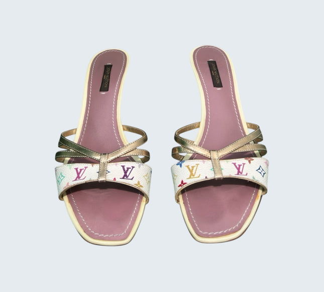 Louis Vuitton Takashi Murakami White Multicolor Gold Strap Heels