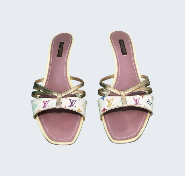 Louis Vuitton Takashi Murakami White Multicolor Gold Strap Heels