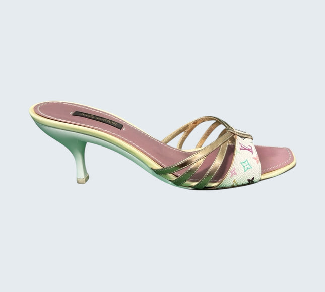 Louis Vuitton Takashi Murakami White Multicolor Gold Strap Heels
