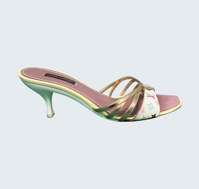 Louis Vuitton Takashi Murakami White Multicolor Gold Strap Heels
