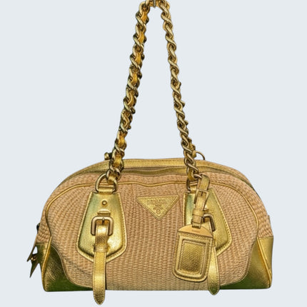 Prada Gold Raffia Chain Shoulder Bag