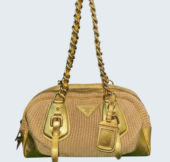 Prada Gold Raffia Chain Shoulder Bag