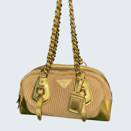 Prada Gold Raffia Chain Shoulder Bag
