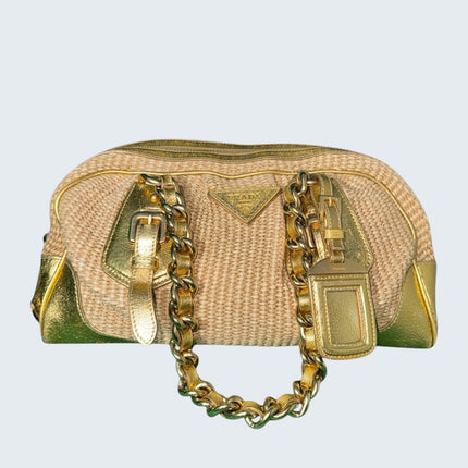 Prada Gold Raffia Chain Shoulder Bag