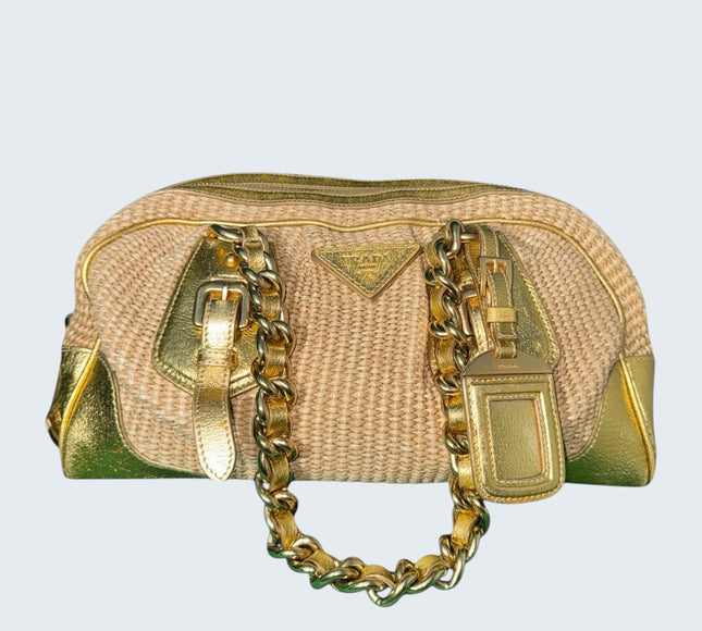 Prada Gold Raffia Chain Shoulder Bag