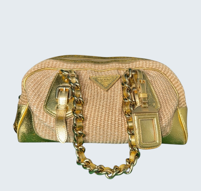 Prada Gold Raffia Chain Shoulder Bag