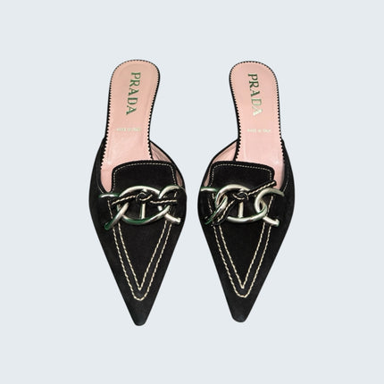 Prada Black Suede Chainlink Kitten Mule