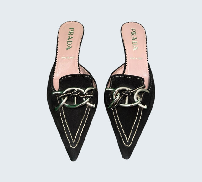 Prada Black Suede Chainlink Kitten Mule