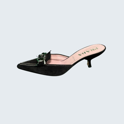 Prada Black Suede Chainlink Kitten Mule
