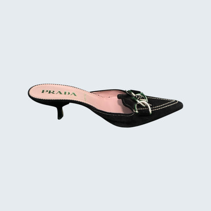 Prada Black Suede Chainlink Kitten Mule