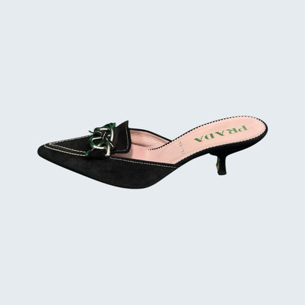 Prada Black Suede Chainlink Kitten Mule