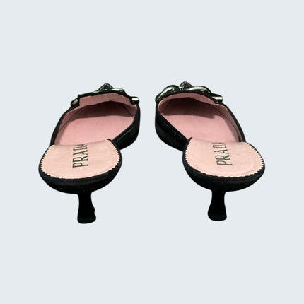 Prada Black Suede Chainlink Kitten Mule