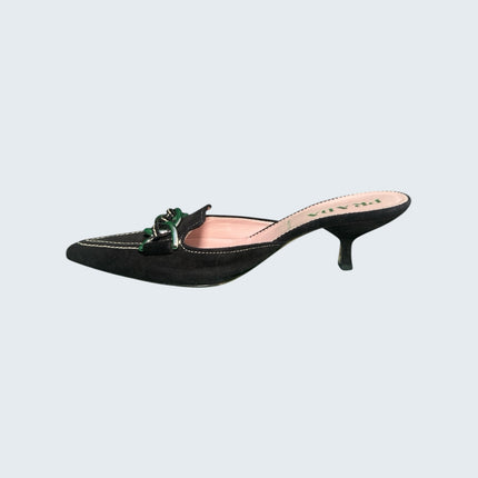 Prada Black Suede Chainlink Kitten Mule