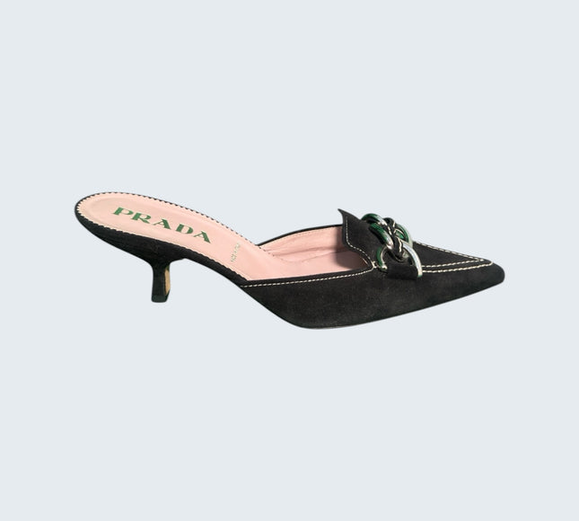 Prada Black Suede Chainlink Kitten Mule